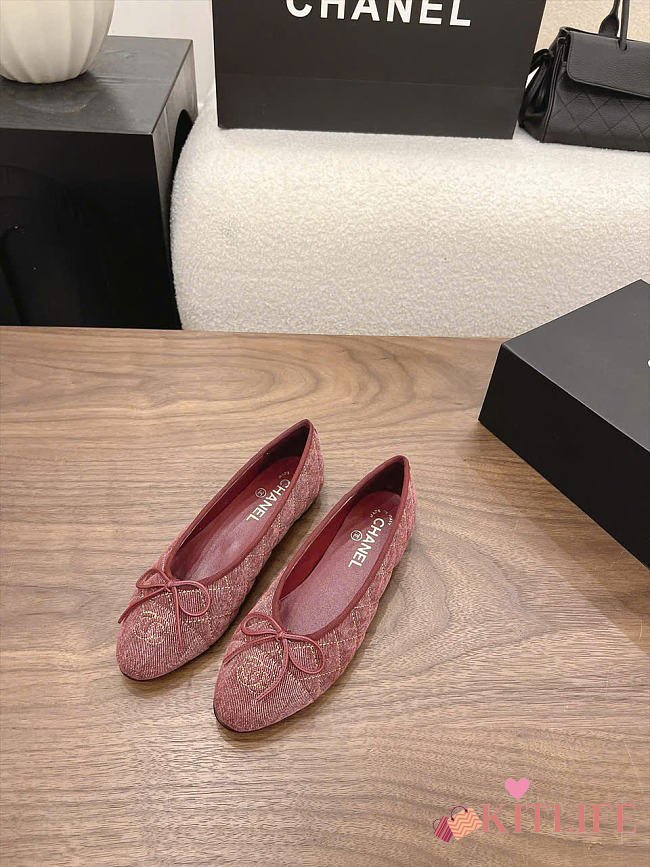 Kitlife Chanel Classic Ballet Flats Shoes Light Red Denim - 1