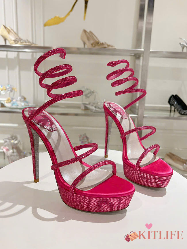 Kitlife Rene Caovilla Margot Rhinestone Snake-Wrap Platform Sandals Dark Pink 140mm - 1