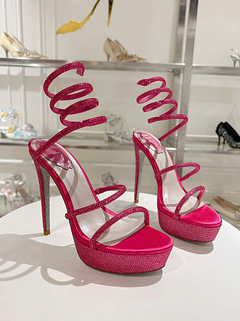 Kitlife Rene Caovilla Margot Rhinestone Snake-Wrap Platform Sandals Dark Pink 140mm