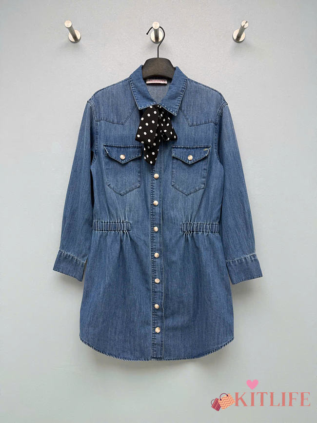 Kitlife Valentino Blue Denim Polka-Dot Bow Shirt Dress - 1