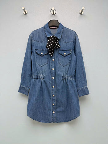 Kitlife Valentino Blue Denim Polka-Dot Bow Shirt Dress
