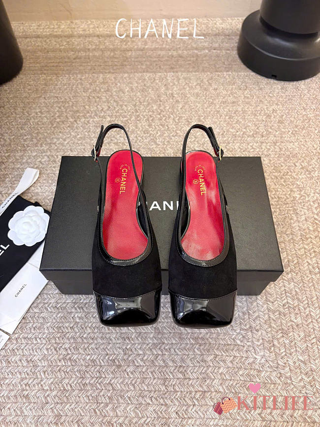Kitlife Chanel CC Lambskin Slingbacks Mules Patent Black Suede Square Toe Flats  - 1