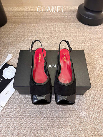 Kitlife Chanel CC Lambskin Slingbacks Mules Patent Black Suede Square Toe Flats 