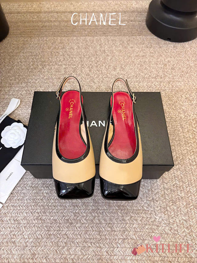 Kitlife Chanel CC Lambskin Slingbacks Mules Patent Beige Calfskin Square Toe Flats - 1
