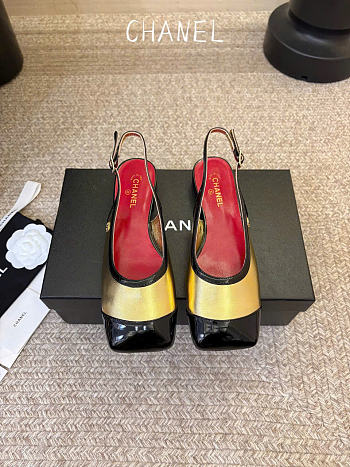 Kitlife Chanel CC Lambskin Slingbacks Mules Patent Gold Calfskin Square Toe Flats 