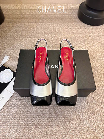 Kitlife Chanel CC Lambskin Slingbacks Mules Patent Silver Calfskin Square Toe Flats