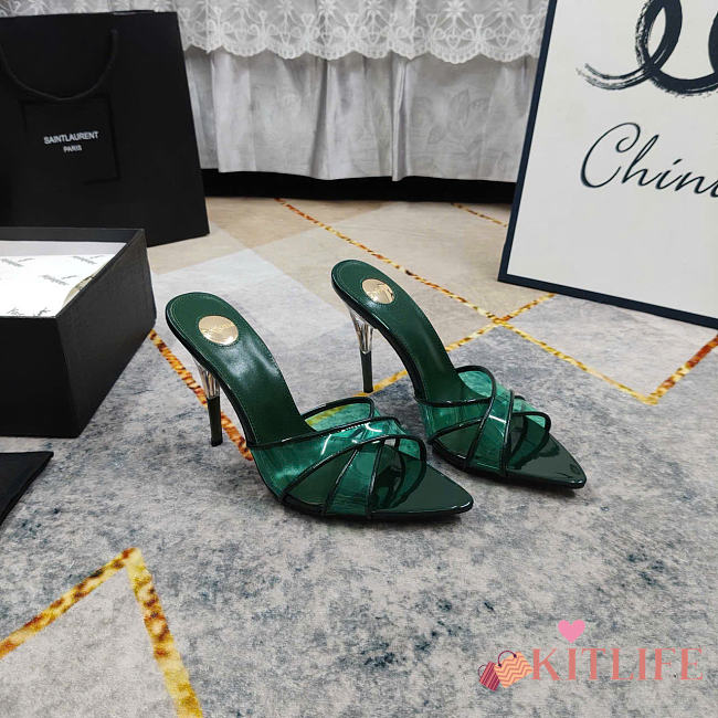 Kitlife Saint Laurent High-heeled Mules With Crossover Straps Green 105mm - 1