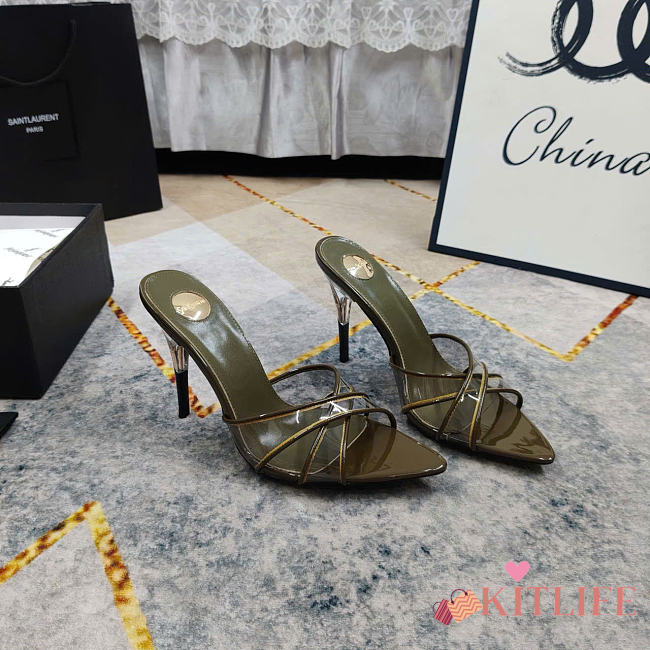 Kitlife Saint Laurent High-heeled Mules With Crossover Straps Green Khaki 105mm - 1