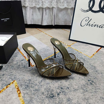Kitlife Saint Laurent High-heeled Mules With Crossover Straps Green Khaki 105mm