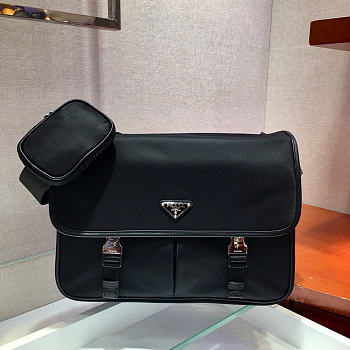 Kitlife Prada Re-Nylon and Saffiano Black Leather Shoulder Bag 2VD768 32x24x12cm 