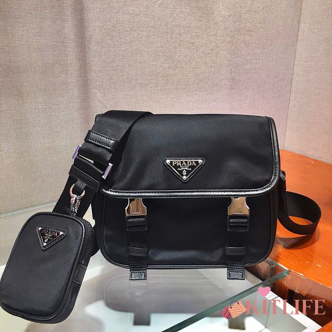 Kitlife Prada Re-Nylon and Saffiano Black Leather Shoulder Bag 2VD034 22x16x8.5cm - 1