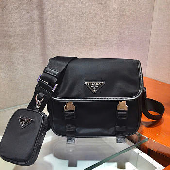 Kitlife Prada Re-Nylon and Saffiano Black Leather Shoulder Bag 2VD034 22x16x8.5cm