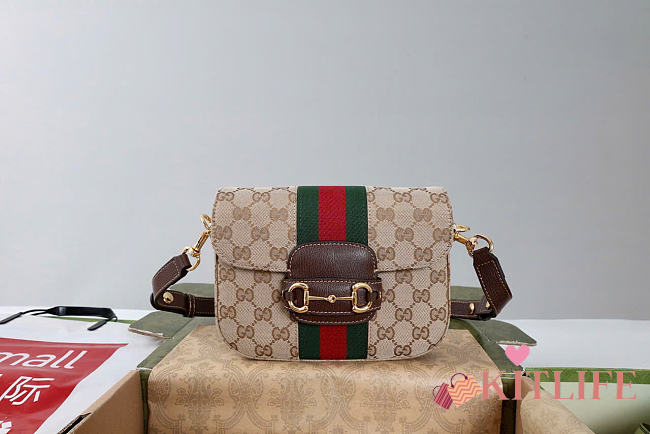 Kitlife Gucci Horsebit 1955 Small Shoulder Bag Beige & Dark Brown GG Canvas ‎866762 21x14.5x5.5cm - 1