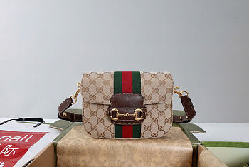 Kitlife Gucci Horsebit 1955 Small Shoulder Bag Beige & Dark Brown GG Canvas ‎866762 21x14.5x5.5cm