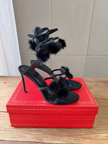 Kitlife Rene Caovilla Ebellished Pom-pom Heeled Sandals Black 100mm