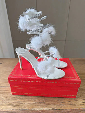 Kitlife Rene Caovilla Ebellished Pom-pom Heeled Sandals White 100mm 