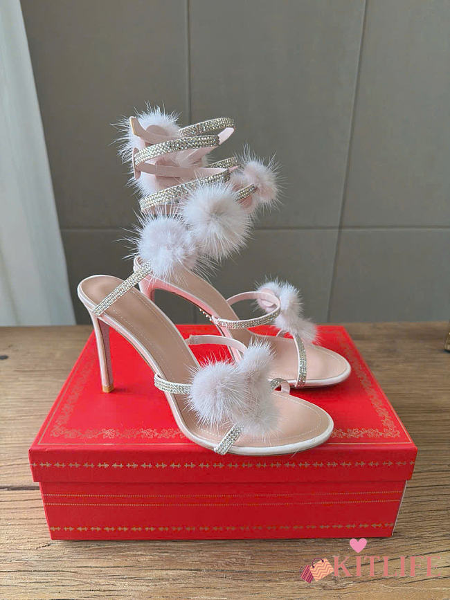 Kitlife Rene Caovilla Ebellished Pom-pom Heeled Sandals Light Pink 100mm - 1