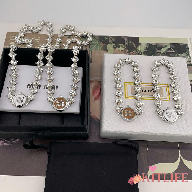 Kitlife Miu Miu Round Large-Stone Chain Bracelet & Necklace Set in Brown / White - 1