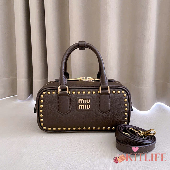 Kitlife Miu Miu Arcadie Studded Leather Bag Dark Brown 5BB142 22x10.5x7.5cm  - 1
