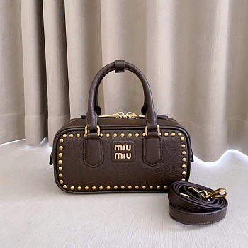 Kitlife Miu Miu Arcadie Studded Leather Bag Dark Brown 5BB142 22x10.5x7.5cm 