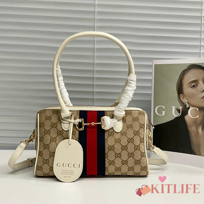 Kitlife Gucci Borsetto Medium Boston Bag White & Beige Canvas 866732 28x15x10cm  - 1