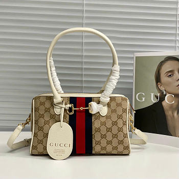 Kitlife Gucci Borsetto Medium Boston Bag White & Beige Canvas 866732 28x15x10cm 