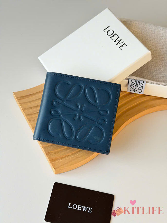 Kitlife Loewe Embossed Calfskin Short Wallet Dark Blue L1140 11x10cm  - 1