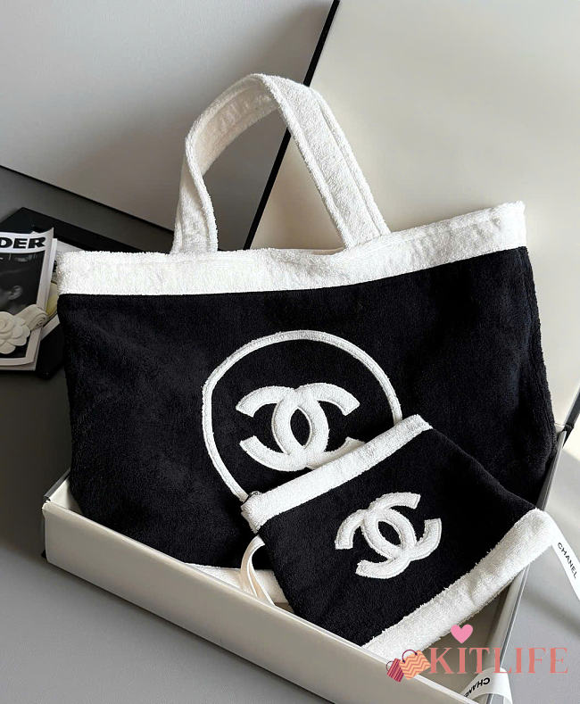 Kitlife Chanel Terry Cotton CC Beach Tote Towel Set Black White 35x42x21cm - 1