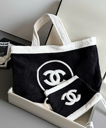Kitlife Chanel Terry Cotton CC Beach Tote Towel Set Black White 35x42x21cm