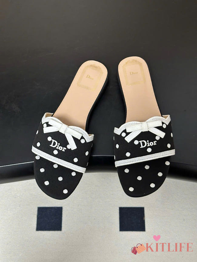 Kitlife Dior Dway Slide Black Cotton Embroidered with White PolkaDior Motif - 1