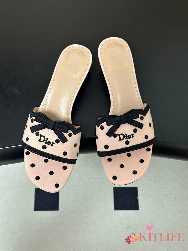 Kitlife Dior Dway Slide Pink Cotton Embroidered with Black PolkaDior Motif - 1