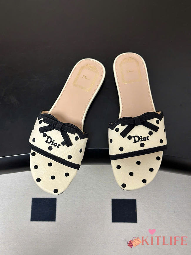 Kitlife Dior Dway Slide Beige Cotton Embroidered with Black PolkaDior Motif - 1