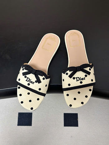 Kitlife Dior Dway Slide Beige Cotton Embroidered with Black PolkaDior Motif