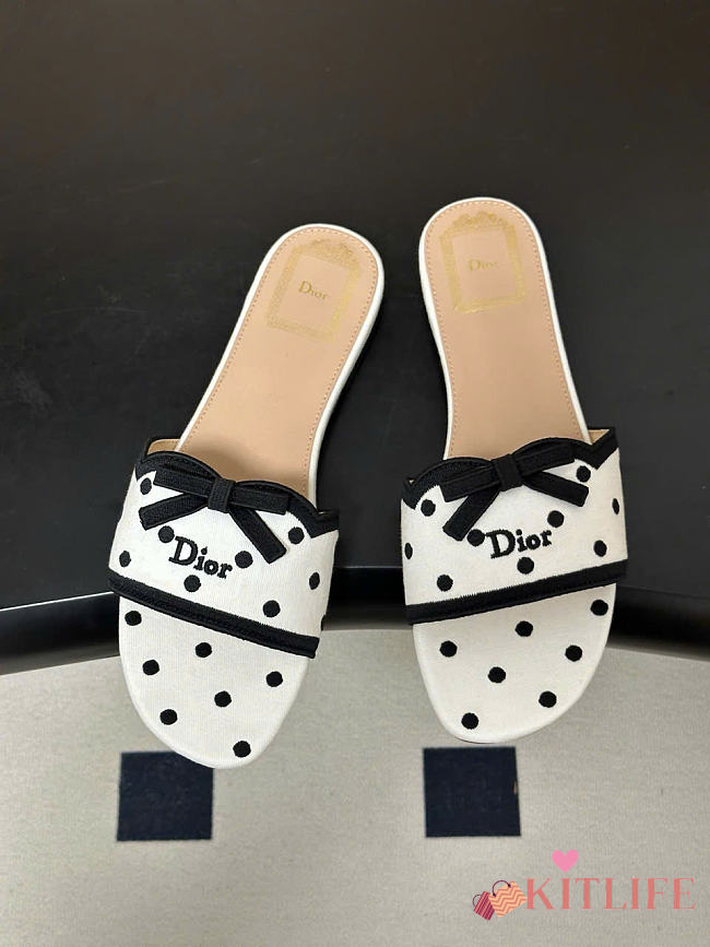 Kitlife Dior Dway Slide White Cotton Embroidered with Black PolkaDior Motif - 1