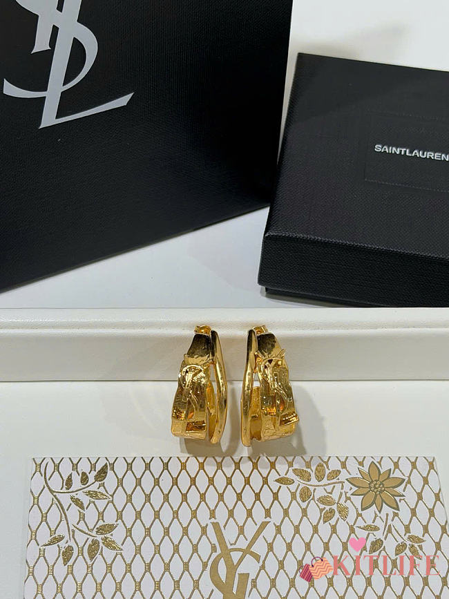 Kitlife Saint Laurent Gold YSL Letter Double-Ring Stud Earrings - 1