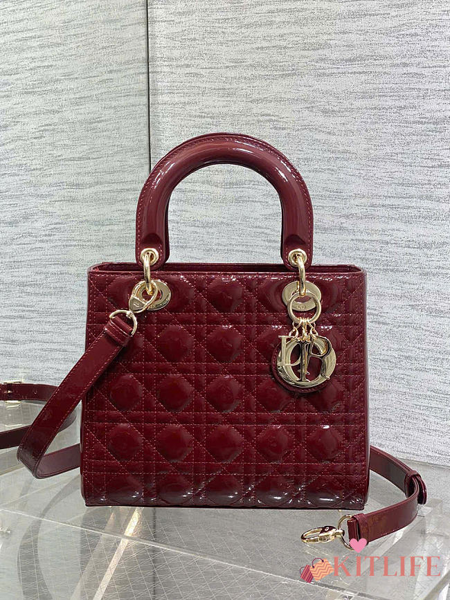 Kitlife Dior Lady Dark Red Patent Cannage Calfskin Bag 24cm  - 1