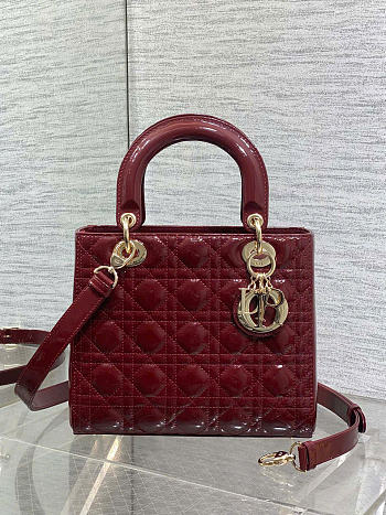 Kitlife Dior Lady Dark Red Patent Cannage Calfskin Bag 24cm 