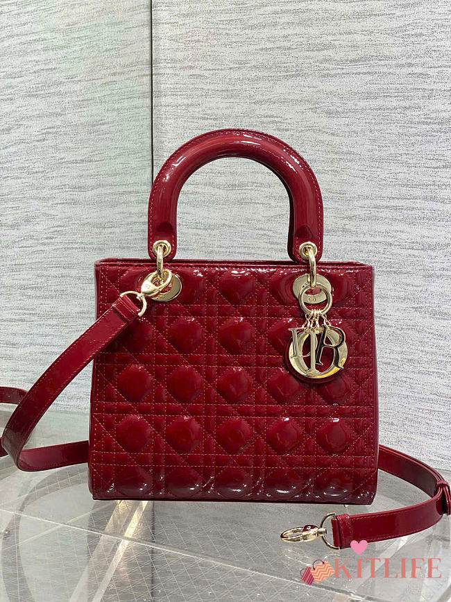 Kitlife Dior Lady Red Patent Cannage Calfskin Bag 24cm  - 1