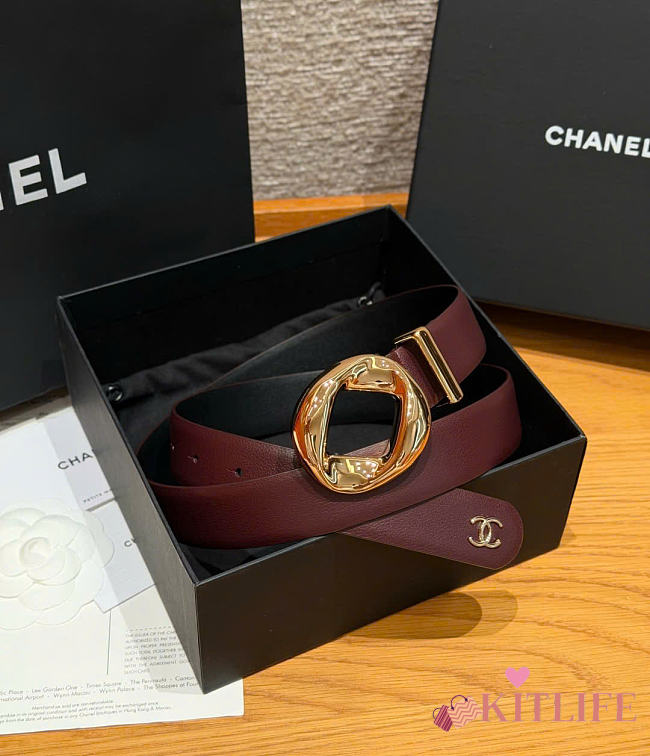 Kitlife Chanel Cut-out Ring 30mm Leather Belt Burgundy - 1
