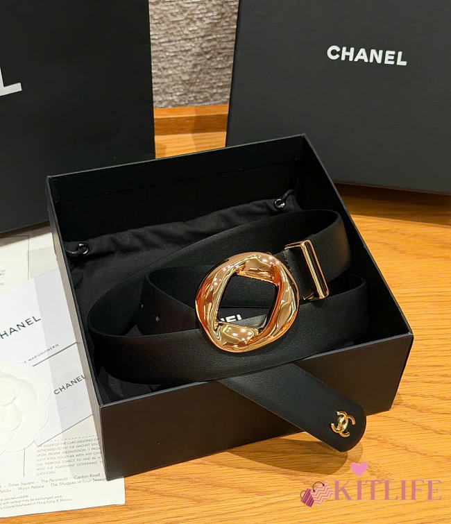 Kitlife Chanel Cut-out Ring 30mm Leather Belt Black - 1
