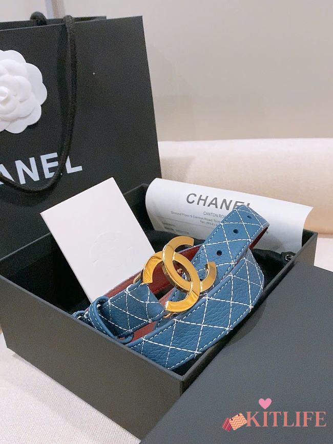 Kitlife Chanel Blue Denim Quilted-Stitch Calfskin Belt 25mm - 1