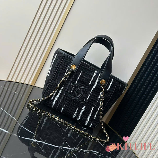 Kitlife Chanel Mini Shopping Bag Fabric and Gold-plated Metal Black, White & Gray AS6199 20.5x21x15cm - 1