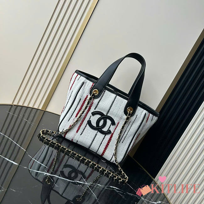 Kitlife Chanel Mini Shopping Bag Fabric and Gold-plated Metal  Cream White, Black, Beige & Red AS6199 20.5x21x15cm  - 1