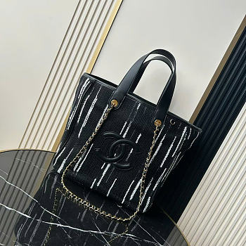 Kitlife Chanel Shopping Bag Fabric and Gold-plated Metal Black, White & Gray AS6200 30x36x17cm