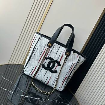 Kitlife Chanel Mini Shopping Bag Fabric and Gold-plated Metal Cream White, Black, Beige & Red AS6200 30x36x17cm