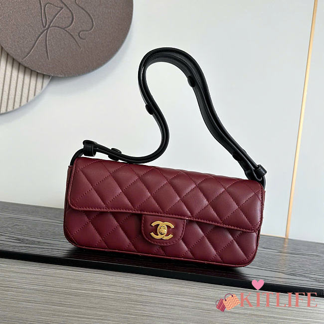 Kitlife Chanel 26B Lambskin Baguette Shoulder Bag Burgundy 10x25x5cm - 1