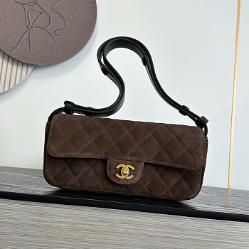 Kitlife Chanel 26B Baguette Shoulder Bag Dark Brown Suede 10x25x5cm
