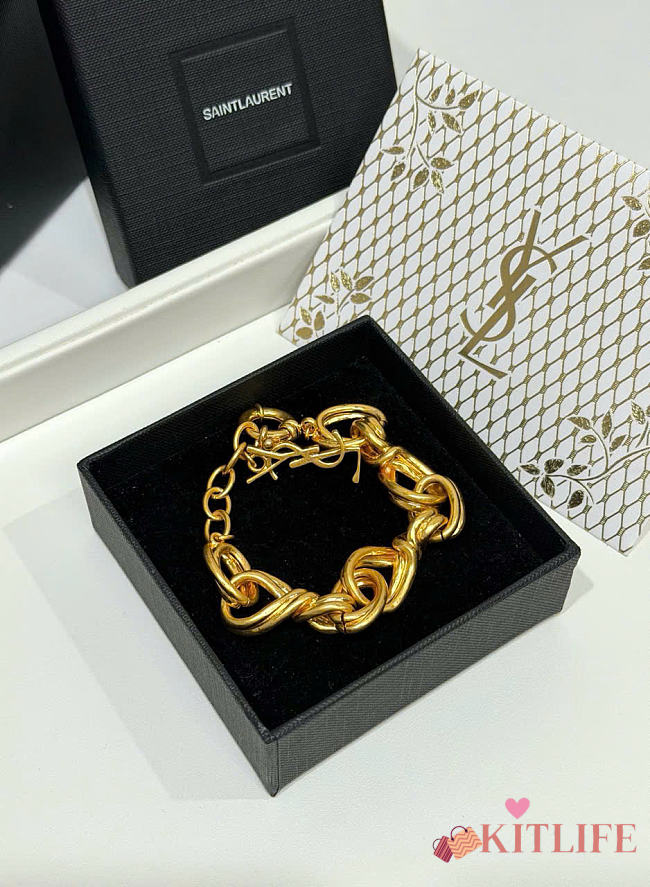 Kitlife Saint Laurent Gold YSL Logo Twisted-Link Chain Bracelet - 1