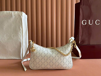 Kitlife Gucci Lady Lunetta Chain Small Shoulder Bag White Soft Perforated GG Leather A0034B 24.5x15x5cm