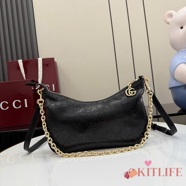 Kitlife Gucci Lady Lunetta Chain Small Shoulder Bag Black Soft Perforated GG Leather A0034B 24.5x15x5cm  - 1